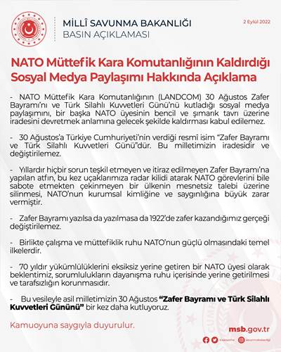 NATO Müttefik Kara Komutanlığının Kaldırdığı Sosyal Medya Paylaşımı Hakkında Açıklama